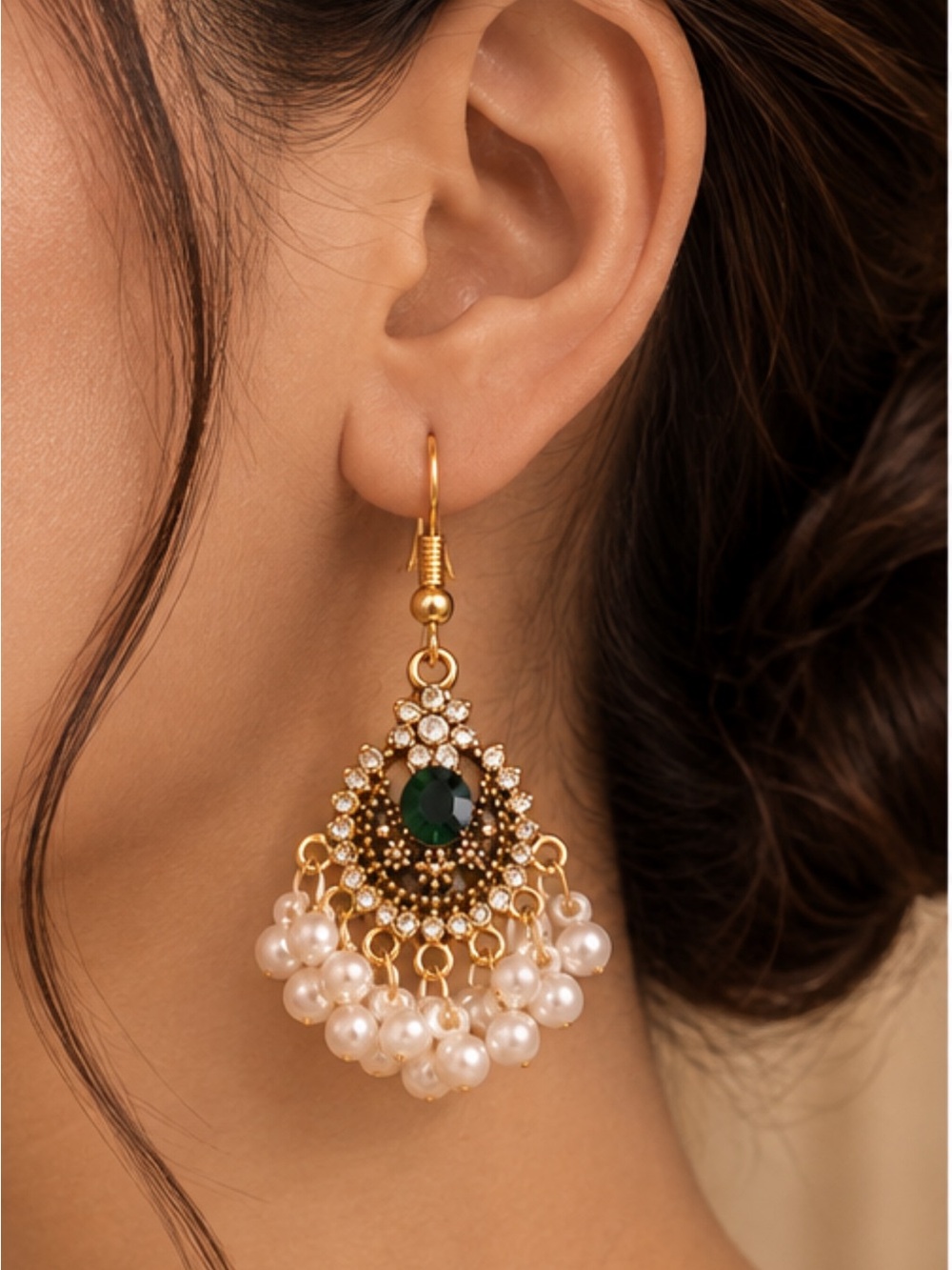 Anthropologie Gold-Tone Earrings with Emerald Green Center and Pearl Drops